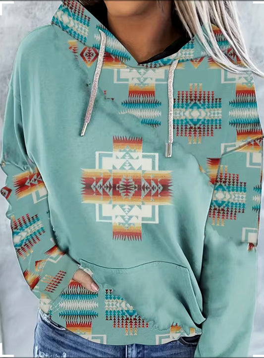 Western Ethnic Print Pocket Hoodie