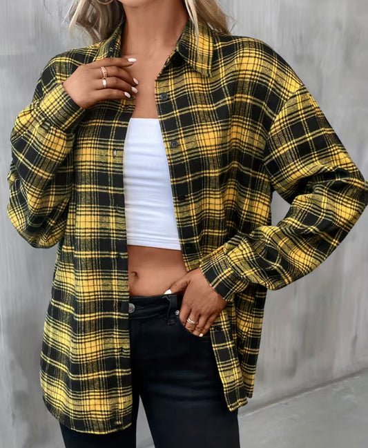 Yellow and Black Plaid Print Shirt