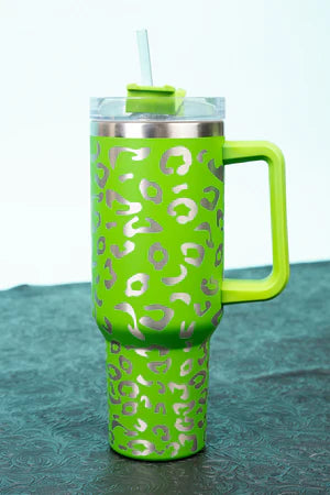 THE TRAVELER LILLIANA LEOPARD LIME STAINLESS STEEL TUMBLER