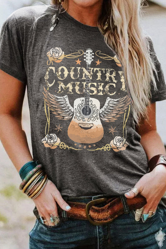 Gray Country Music Guitar Print Crew Tee