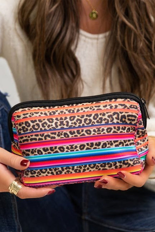 Multicolor Striped Leopard Color Block Zipper Western Make Up Hand Bag