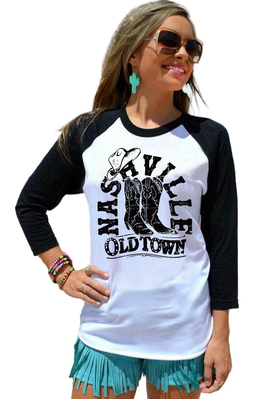 Black OLD TOWN Letter Boots Graphic Print Color Block Top