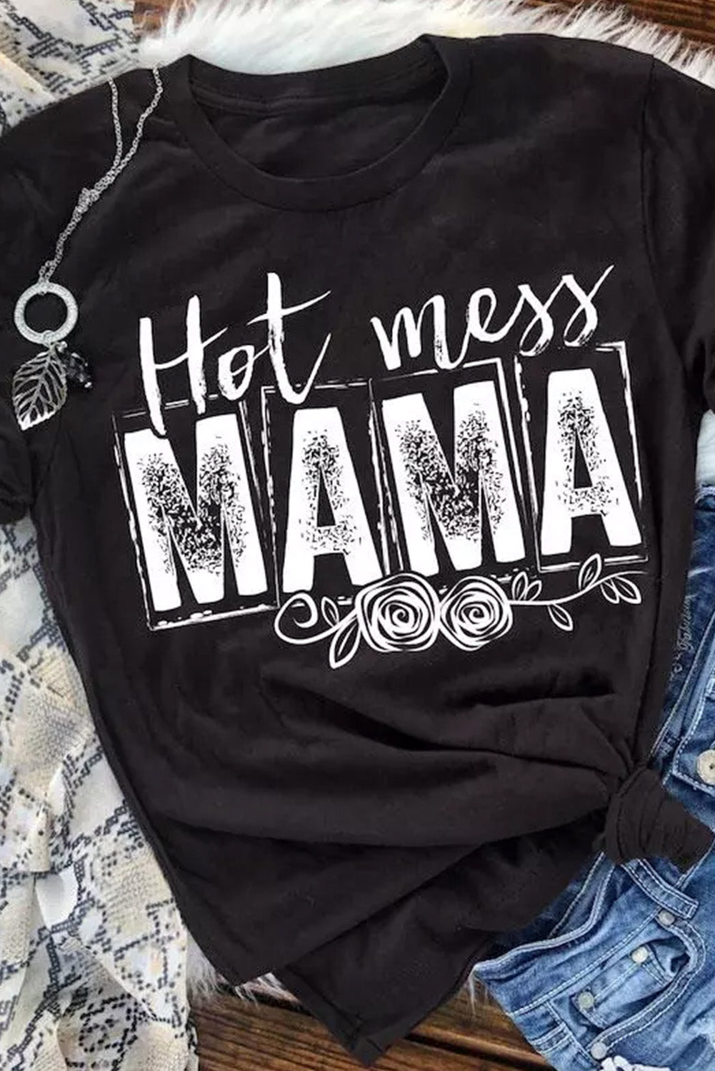 Black MAMA Hot Mess Graphic Print Short Sleeve T Shirt