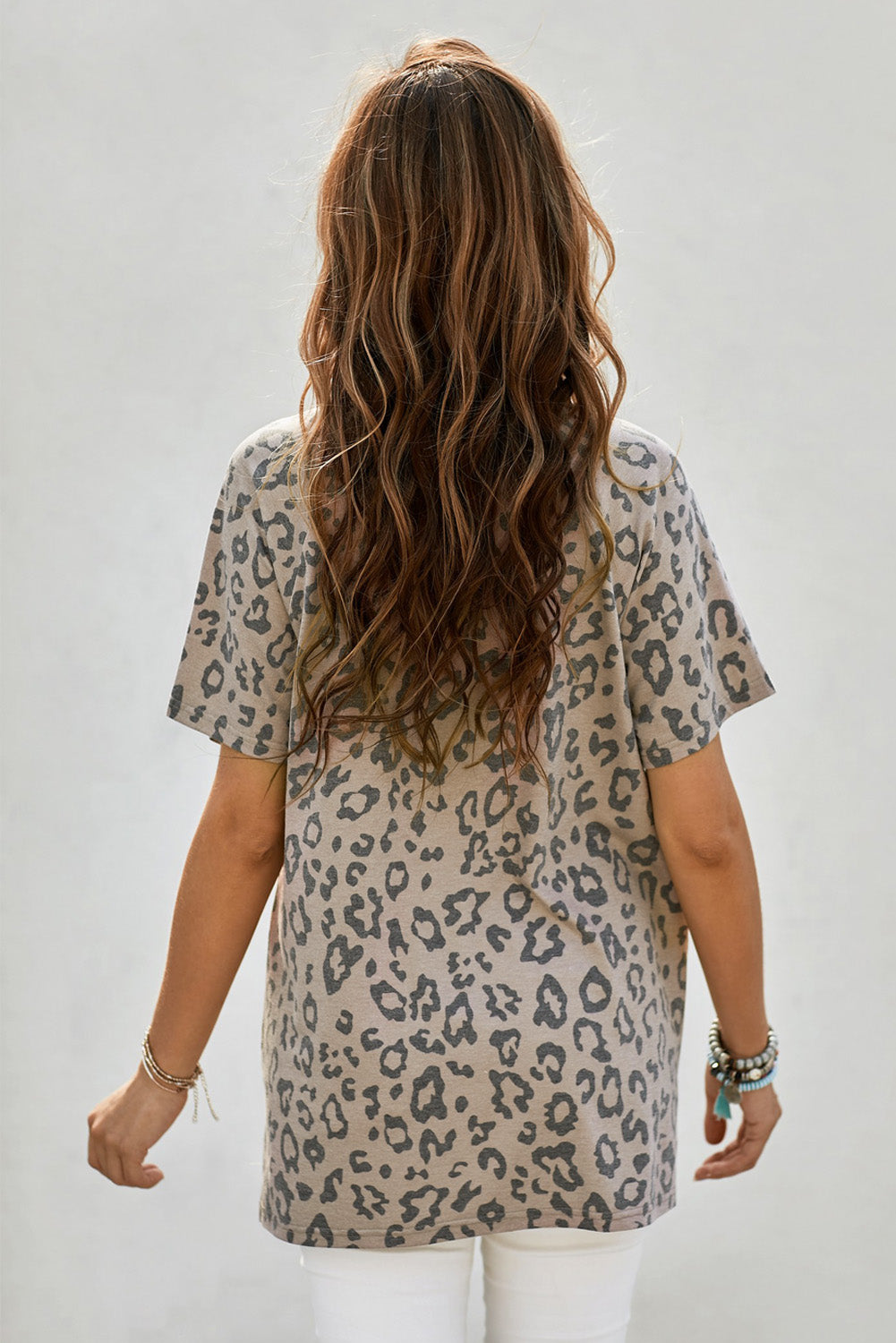 Brown V Neck Front Pocket Leopard Tee