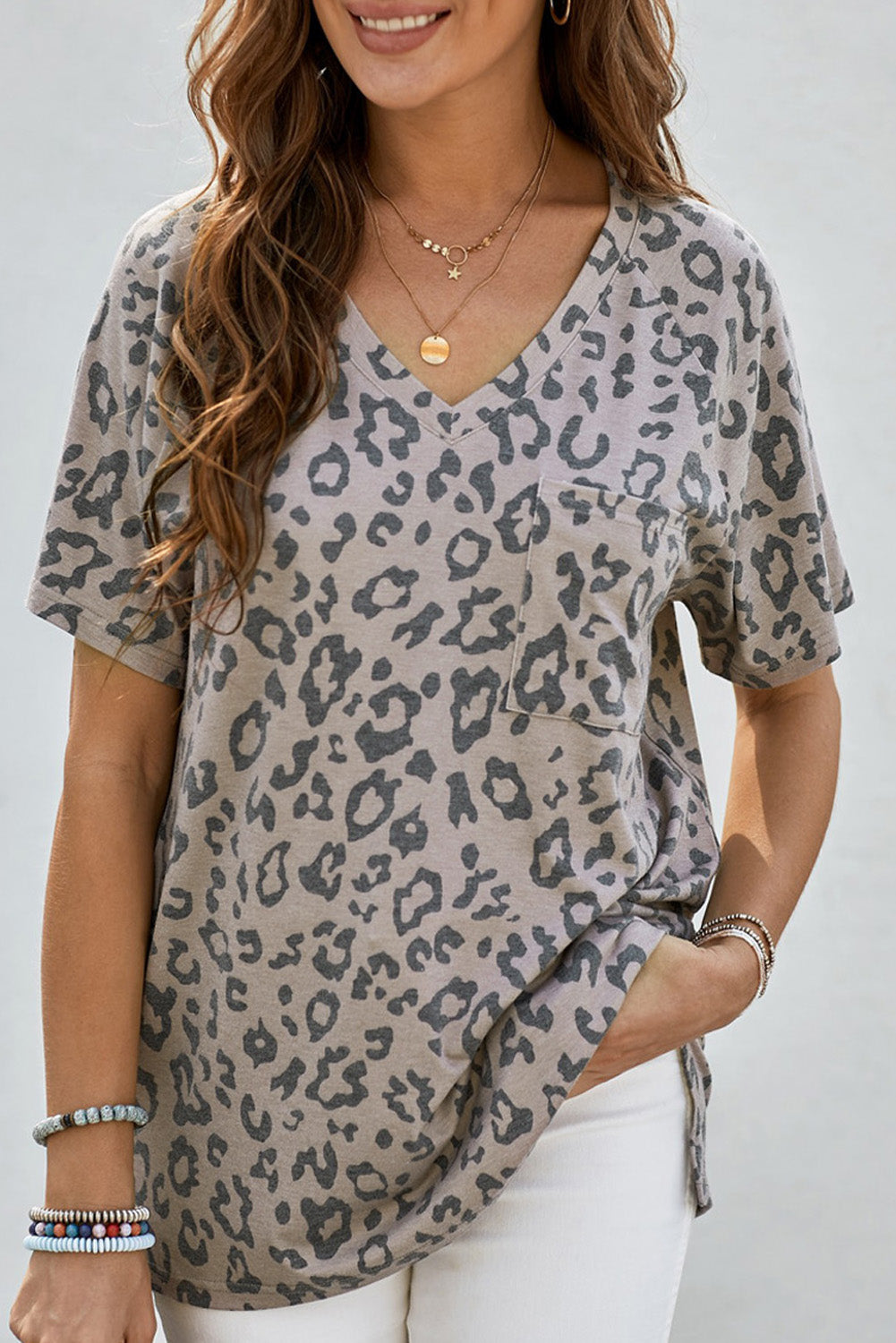 Brown V Neck Front Pocket Leopard Tee