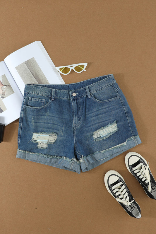 Distressed Ripped Rollen Hem Blue Denim Shorts